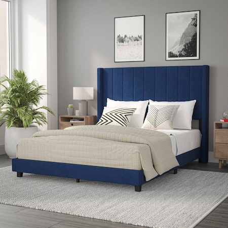 Flash Furniture Navy Velvet Queen Platform Bed with Headboard YK-1079-NAVY-Q-GG